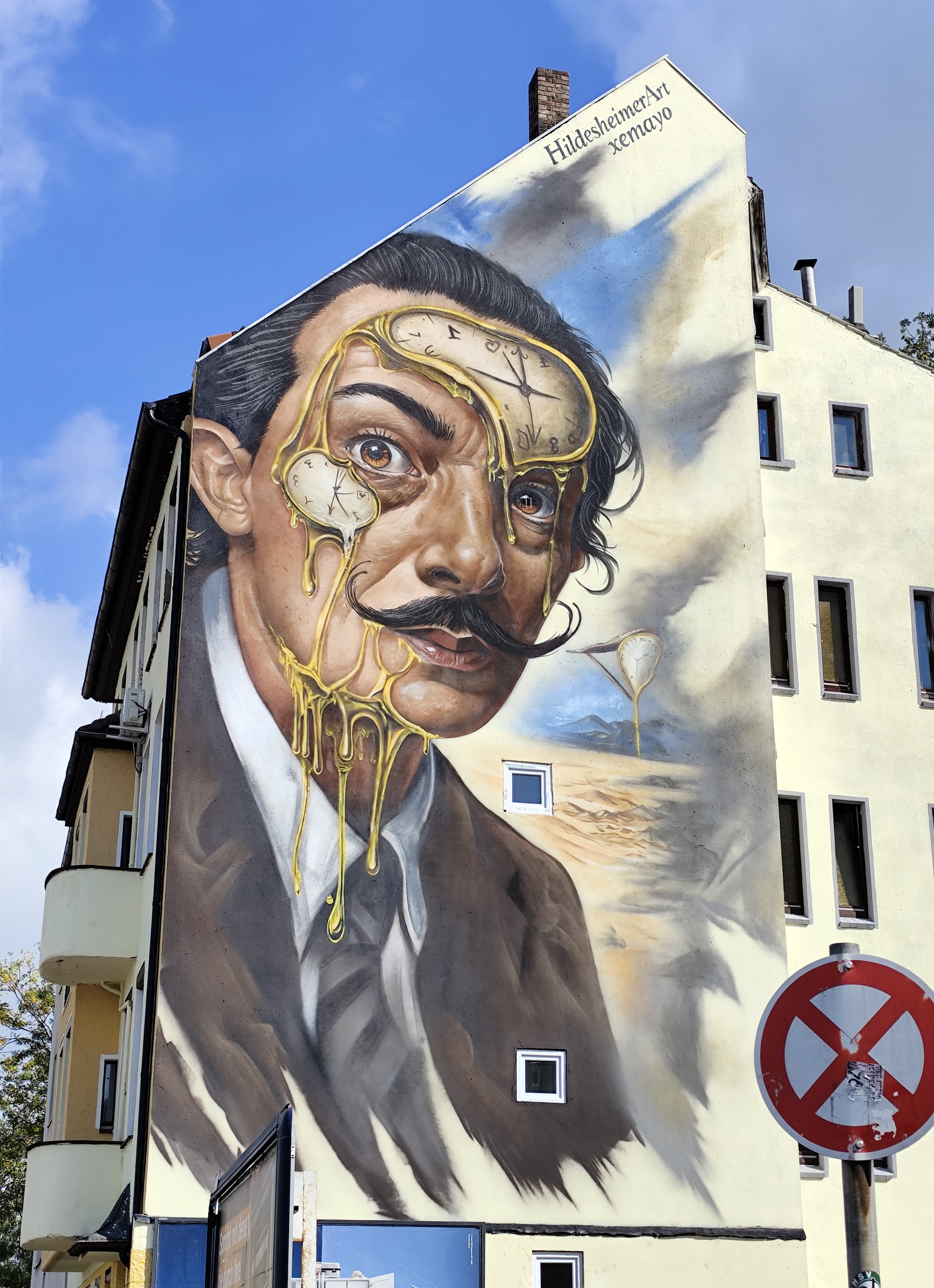 Spray-painted portrait of Salvador Dalí with wide eyes and curled moustache, signed Xemayo, on a wall in Hildesheim, Germany